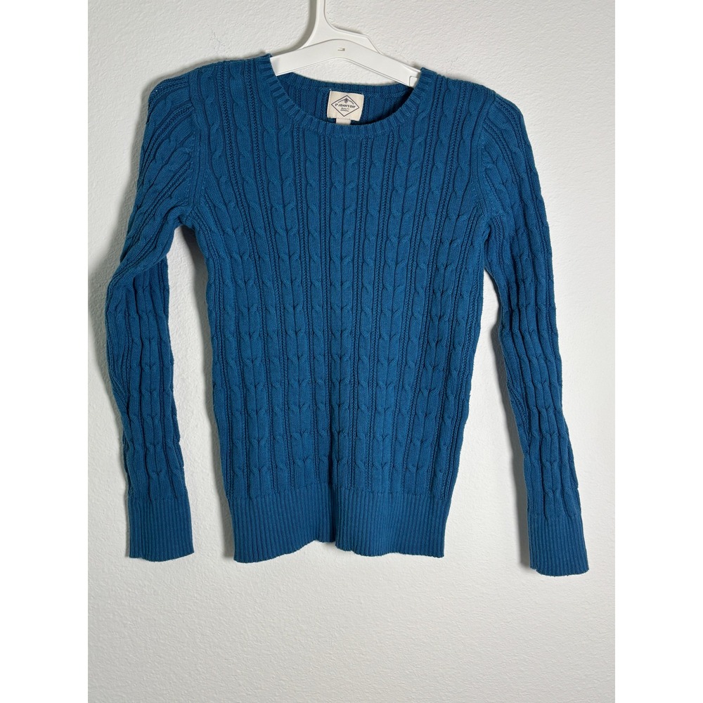 St Johns Bay Womens Small Teal Blue Cable Knit Crew Neck Sweater Long Sleeve